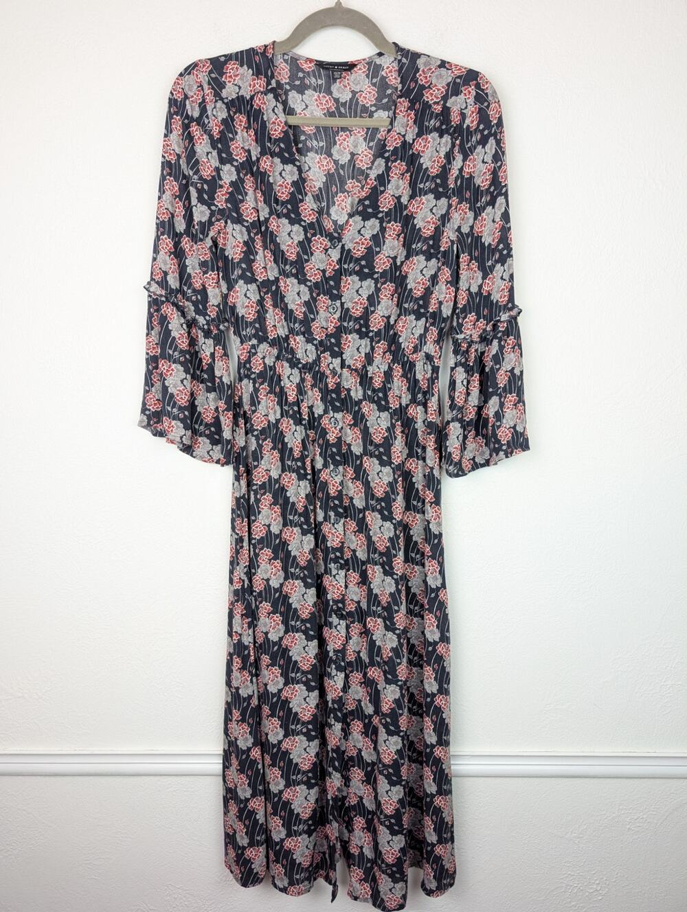 Lucky Brand Maxi Dress Floral Bell Sleeve Boho Asian Whimsigoth Fairy Size XS